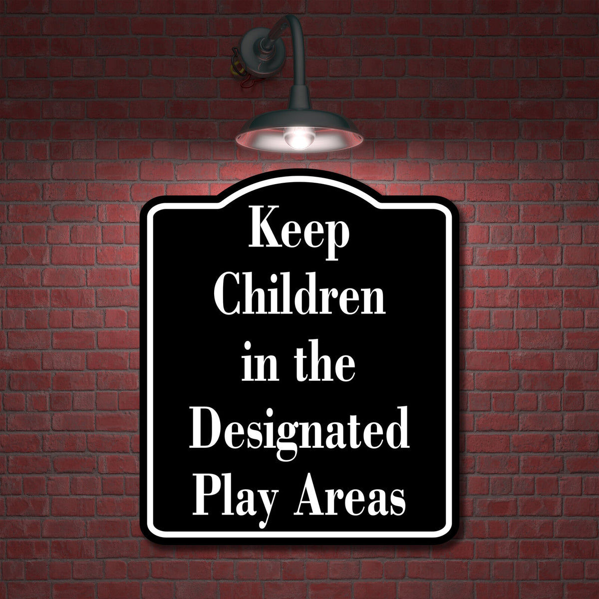 Keep Children in the Designated Play Areas Child BLACK Aluminum Composite Sign