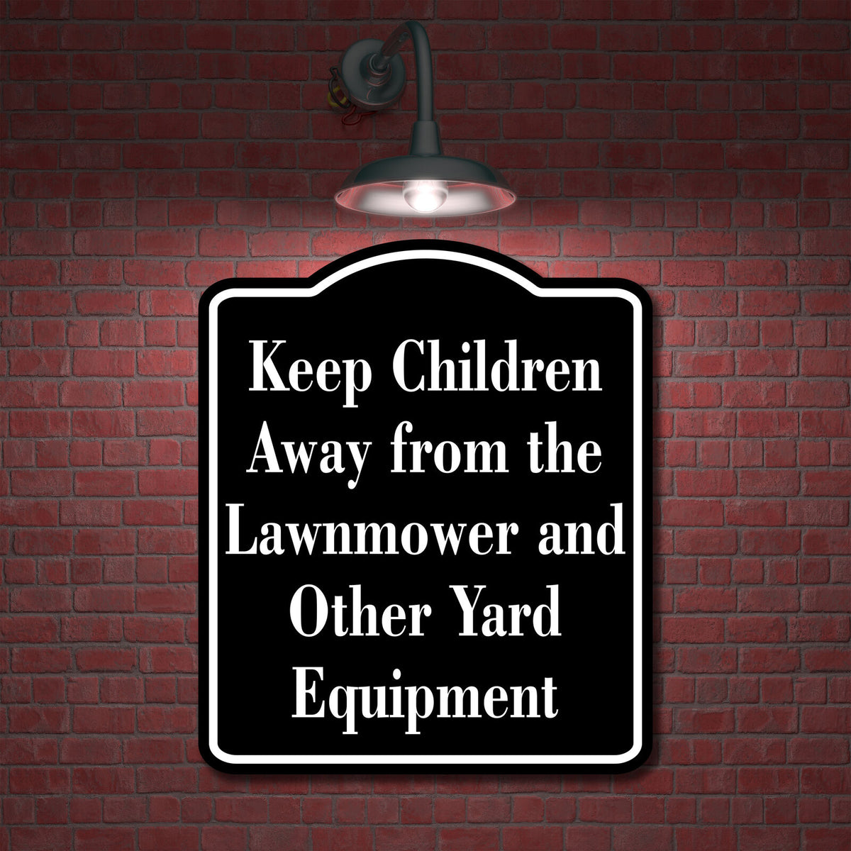Keep Children Away from the Lawnmower Equipment BLACK Aluminum Composite Sign