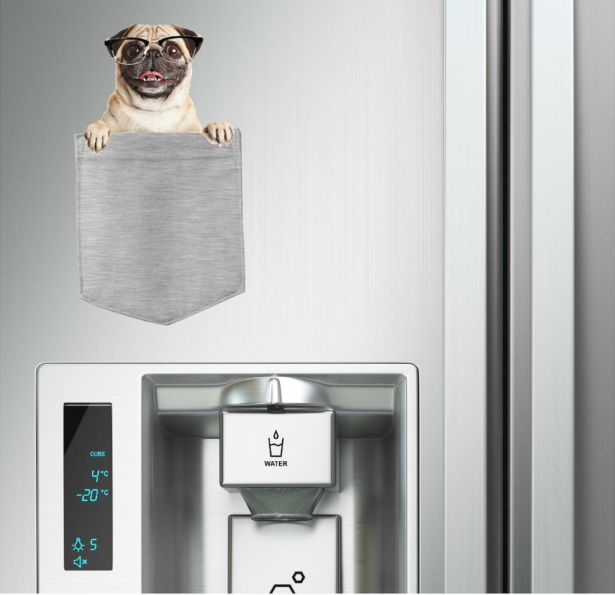 Pug w Glasses Dog in pocket Fridge Car Magnet Bumper Sticker App size 4"x7"
