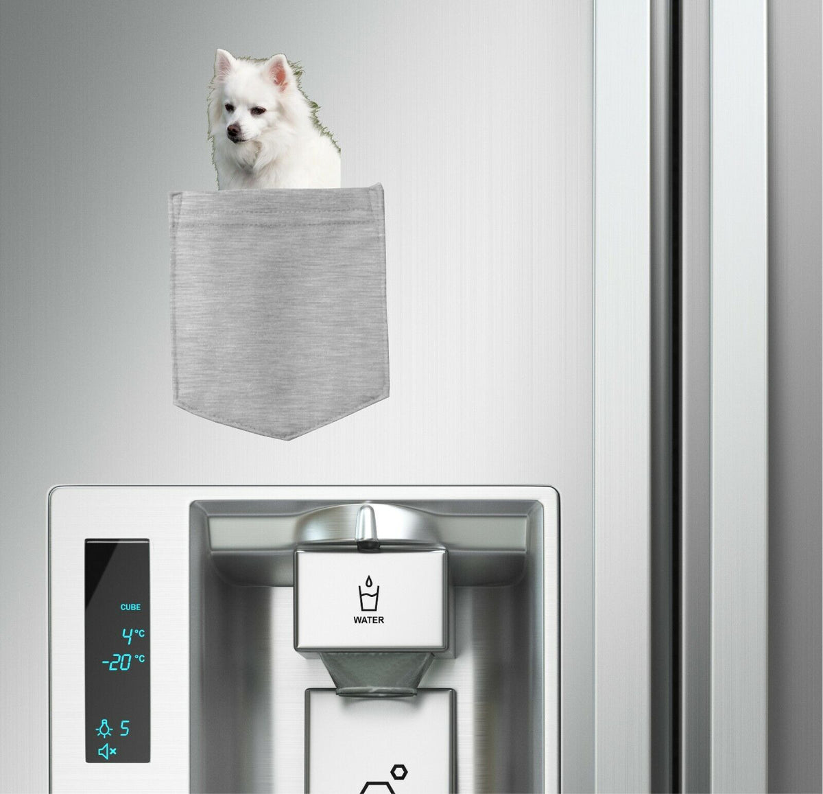 American Eskimo Dog in pocket Fridge Car Magnet Bumper Sticker App size 4"x7"