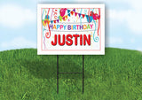 JUSTIN HAPPY BIRTHDAY BALLOONS 18 in x 24 in Yard Sign Road Sign with Stand