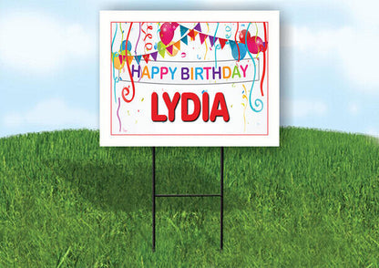 LYDIA HAPPY BIRTHDAY BALLOONS 18 in x 24 in Yard Sign Road Sign with Stand