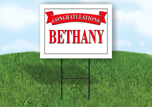BETHANY CONGRATULATIONS RED BANNER 18in x 24in Yard sign with Stand