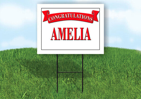 AMELIA CONGRATULATIONS RED BANNER 18in x 24in Yard sign with Stand