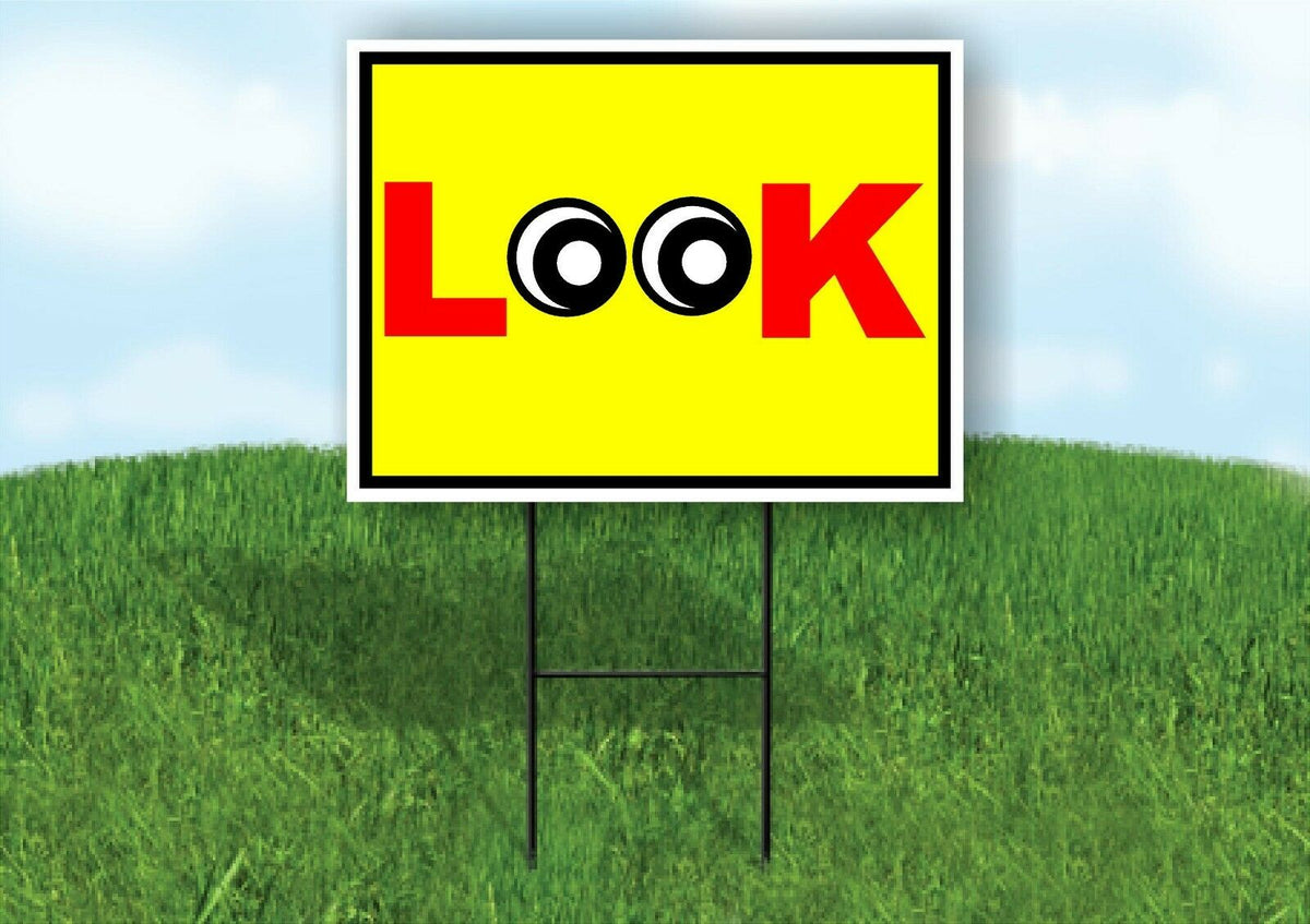 LOOK YELLOW RED EYES Yard Sign with Stand LAWN SIGN