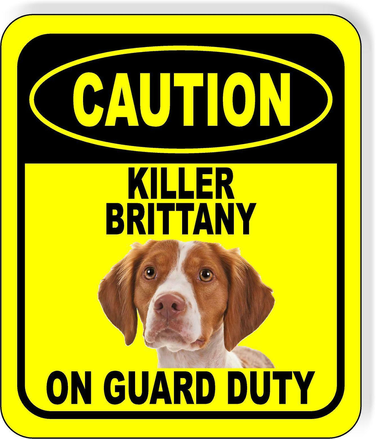 CAUTION KILLER BRITTANY ON GUARD DUTY Metal Aluminum Composite Sign