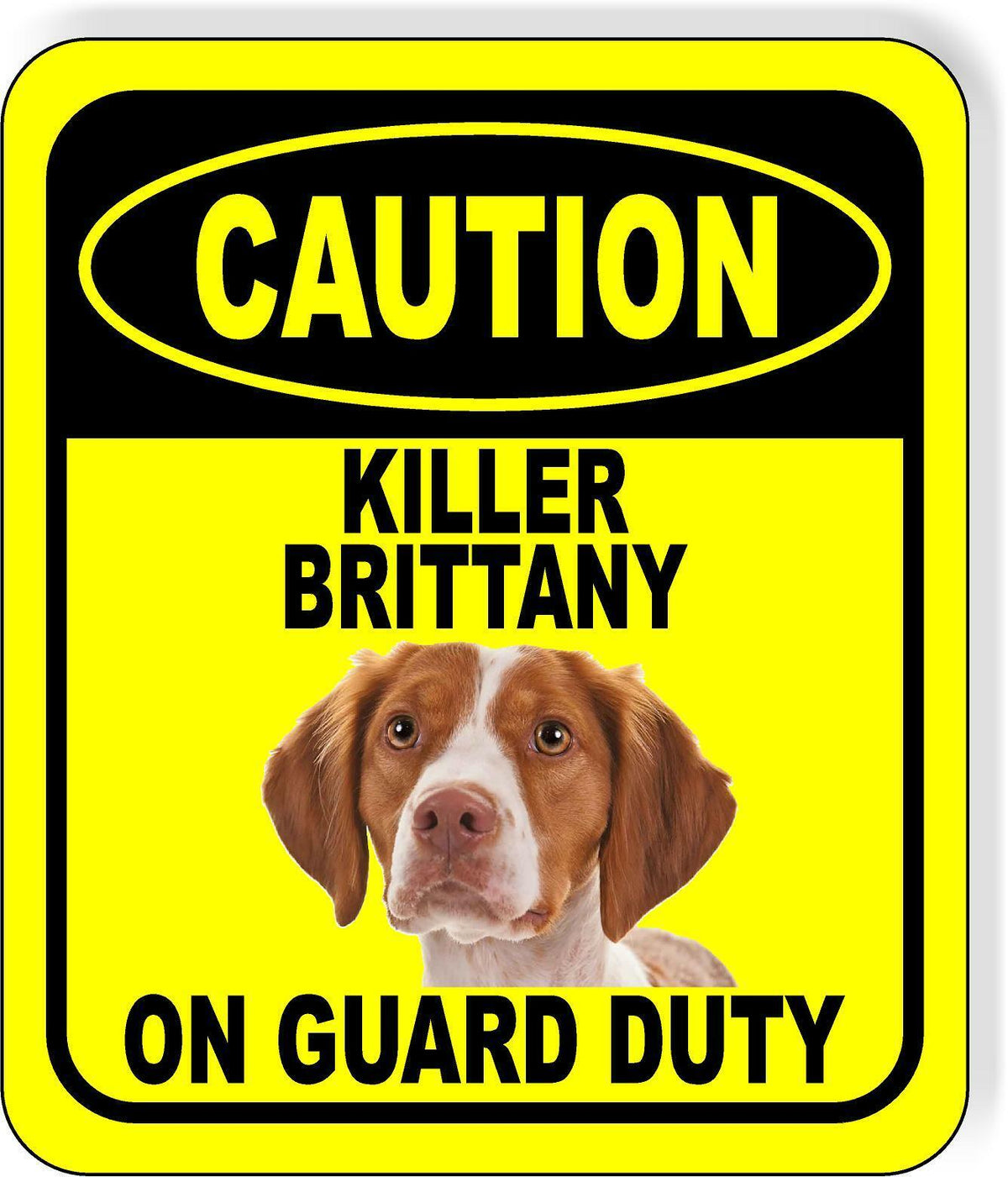 CAUTION KILLER BRITTANY ON GUARD DUTY Metal Aluminum Composite Sign