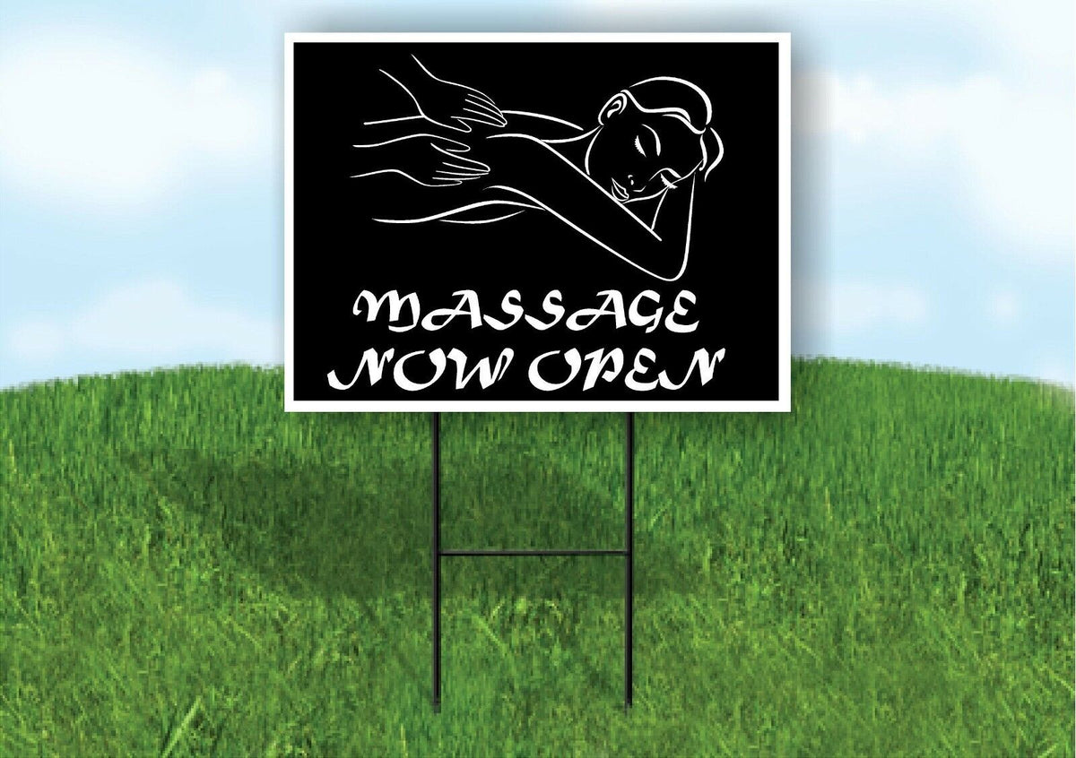 MASSAGE NOW OPEN BLACK Plastic Yard Sign ROAD SIGN with Stand