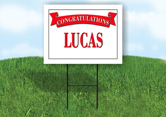 LUCAS CONGRATULATIONS RED BANNER 18in x 24in Yard sign with Stand