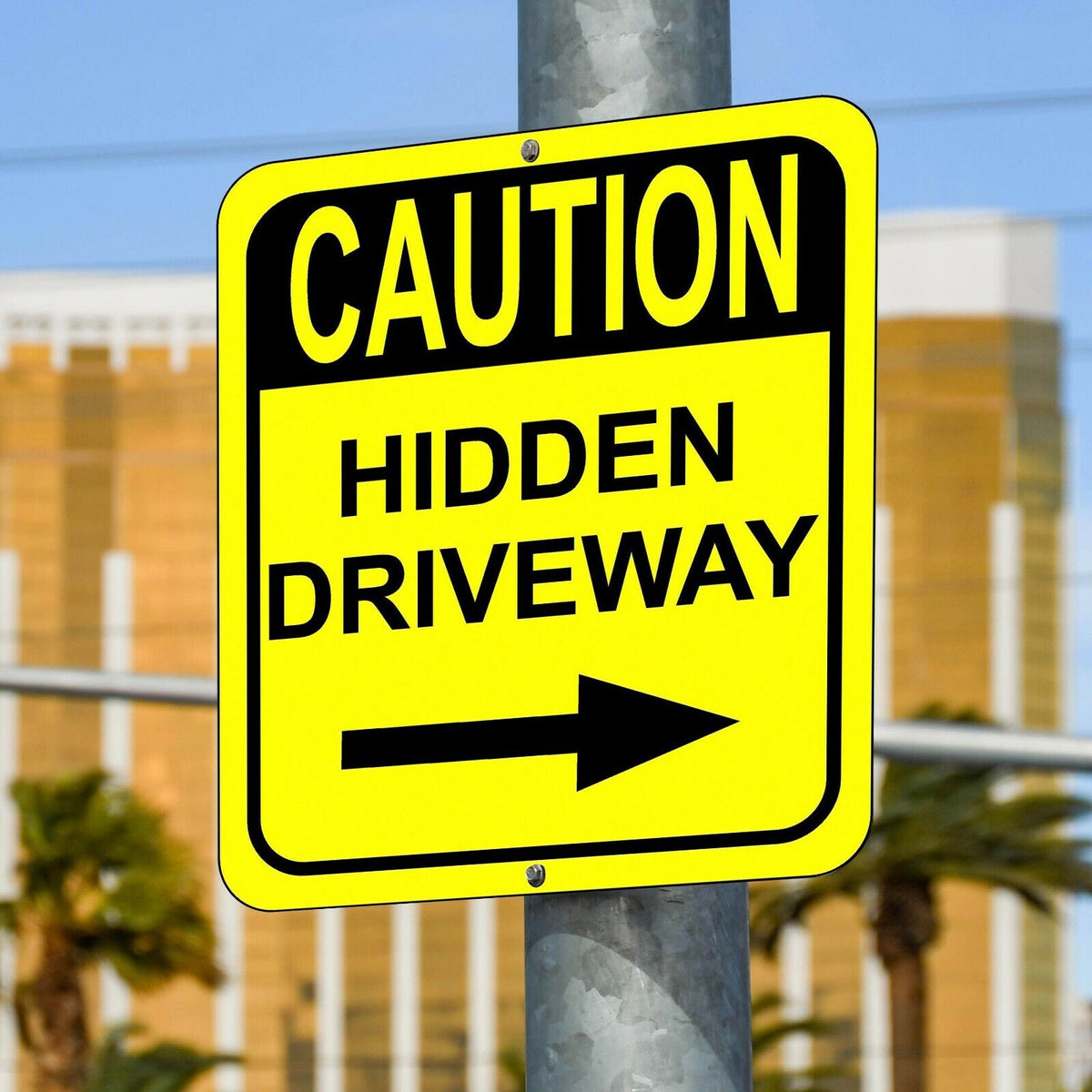 CAUTION HIDDEN DRIVEWAYs RIGHT ARROW VERTICAL Metal Aluminum Composite Sign