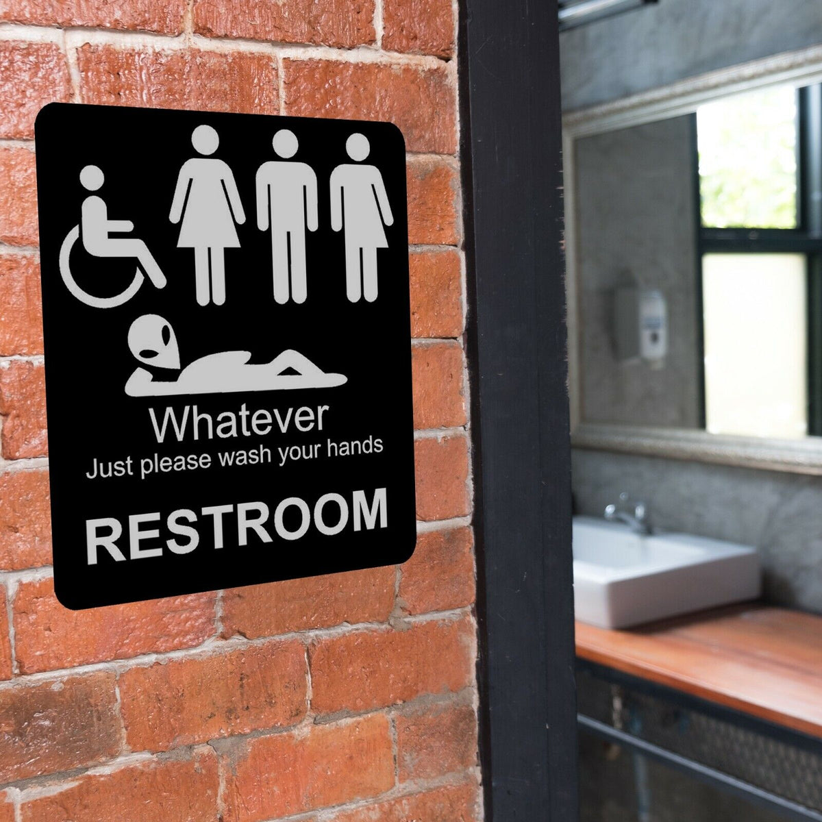 funny bathroom sign 8 1/2 X 10 RESTROOM SIGN Aluminum NEW An alien men women