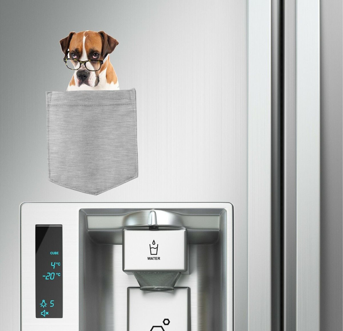 Boxer with Glasses Dog in pocket Fridge Car Magnet Bumper Sticker App size 4"x7"