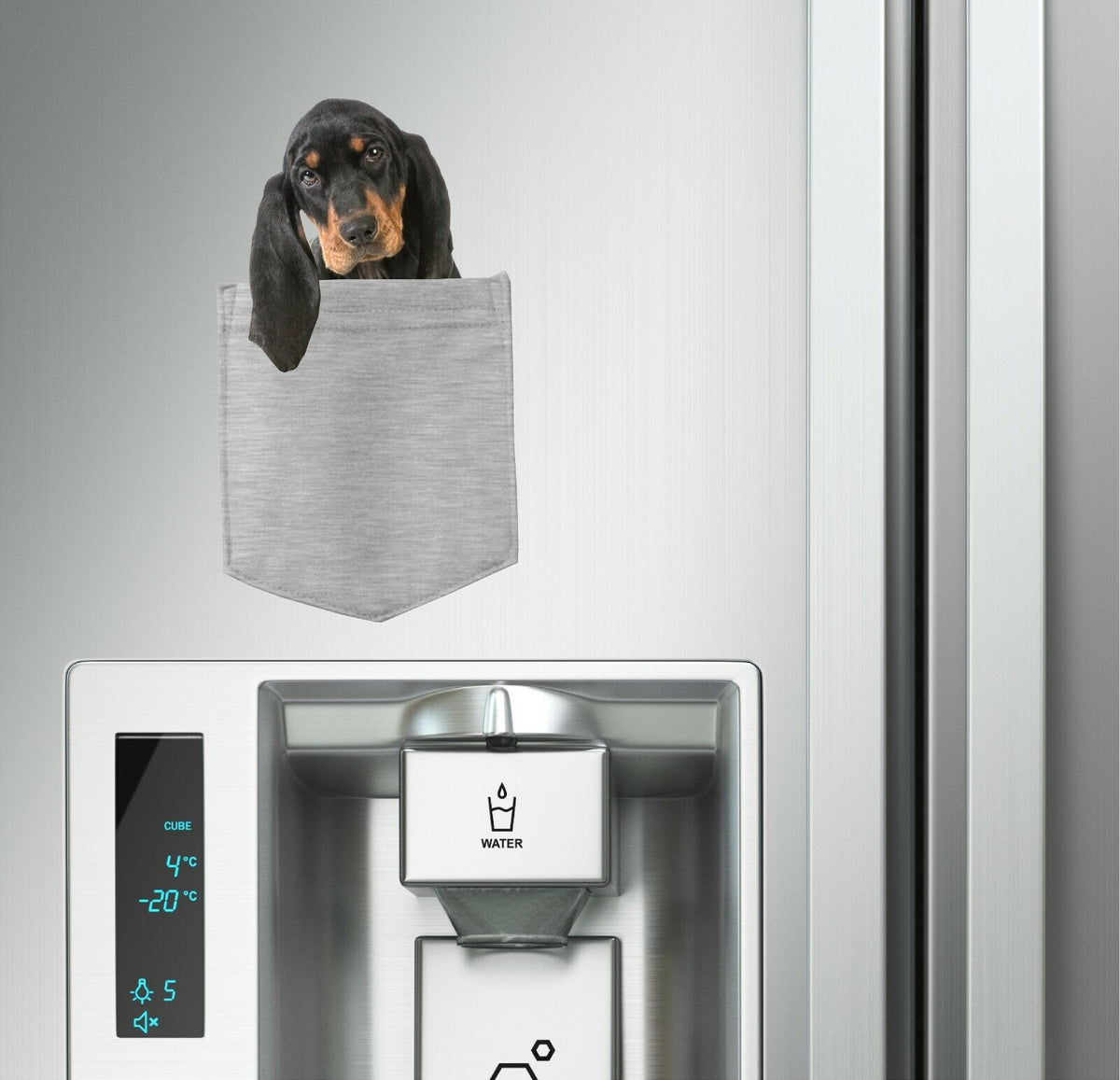 Black & Tan Coonhound in pocket Fridge Car Magnet Bumper Sticker App size 4"x7"