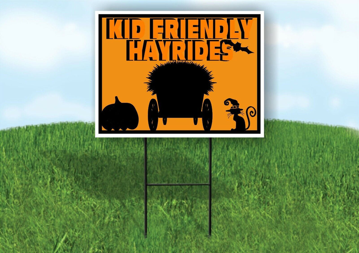 KID FRIENDLY HAYRIDES WAGON ORANGE Yard Sign with Stand LAWN SIGN